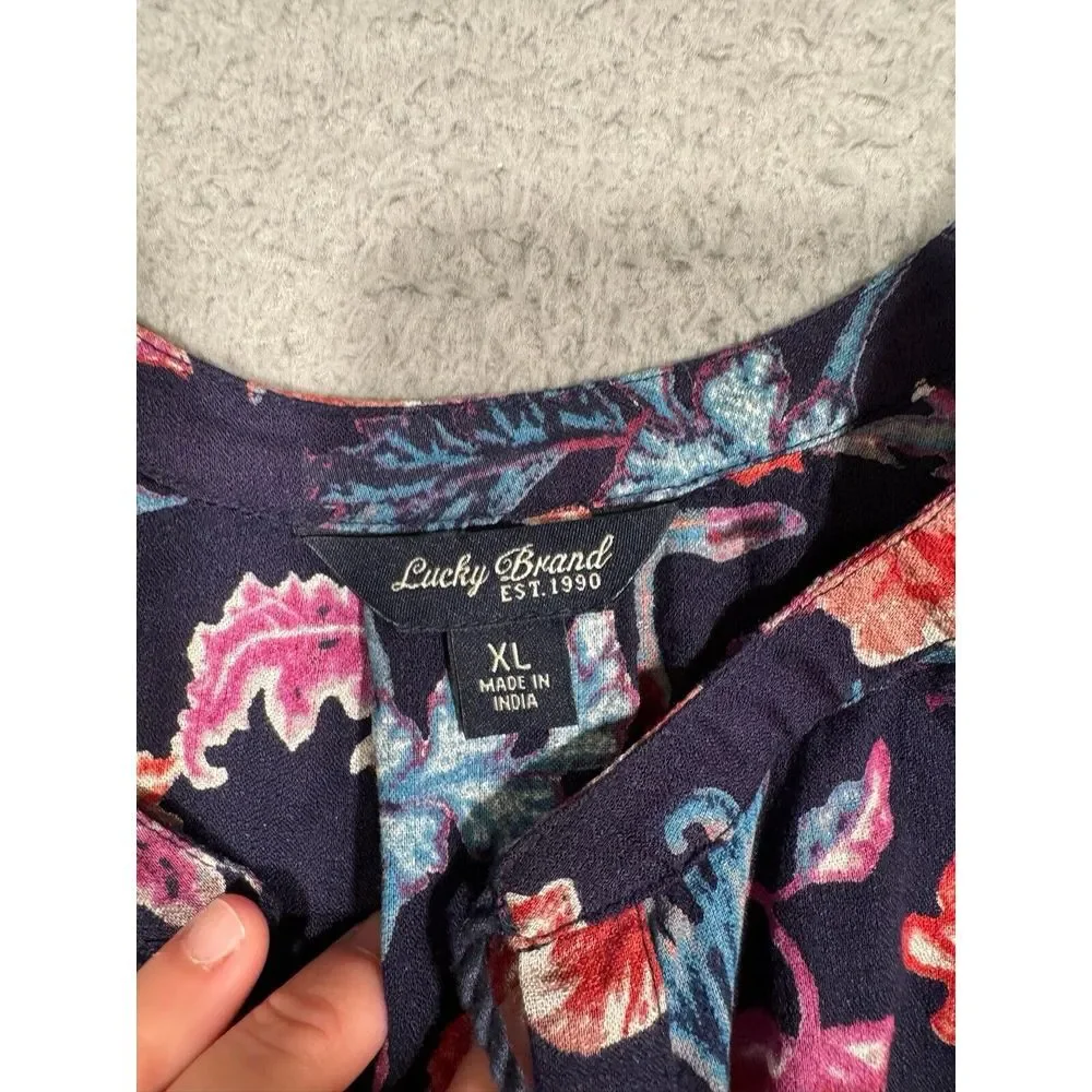 Lucky Brand Womens Blouse XL Dark Blue Red Pink Floral Long Sleeve Tie‎ Front - Picture 5 of 12